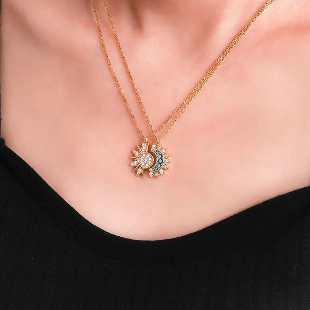 Celestial Connection ✨ Sun & Moon Matching Necklace Set ( Both chains in gold tone)