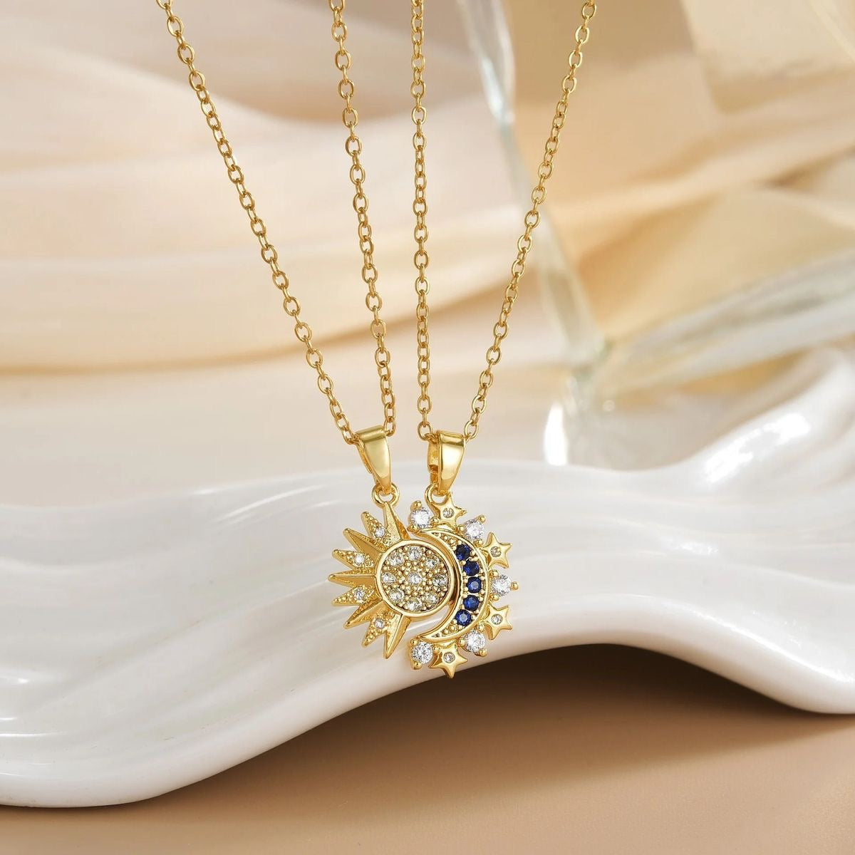 Celestial Connection ✨ Sun & Moon Matching Necklace Set ( Both chains in gold tone)